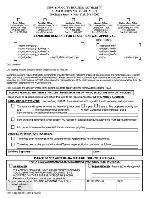 The lease and contract are effective for a minimum of 12 months. . Nycha lease renewal form